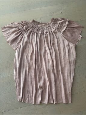 Ulla Johnson Mauve Smocked Neck Flutter Sleeve Ruffle Blouse